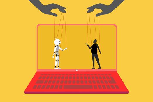 Controlling businessman and Artificial Intelligence with strings from a giant hand manipulating their moves. vector