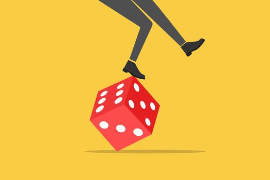 Greedy investor tries to balance himself by rolling unstable dice. Possibility of losing money. concept of Crisis monetary policy number below zero growth vector