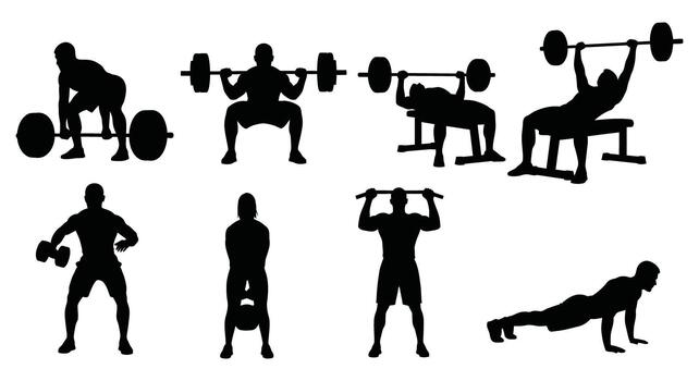 silueta ilustración demostración varios levantamiento de pesas ejercicios en un blanco antecedentes aislado imagen vector
