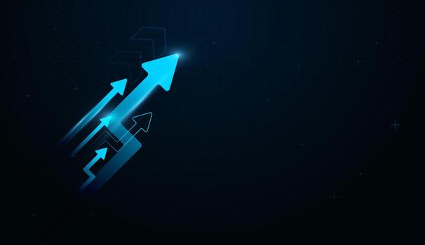 A Groups of Ne-on trails behind the arrows suggest momentum, innovation, and technology-driven business strategy. Compact arrows follow the main one, indicating team alignment vector