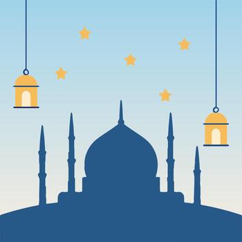 sereno islámico mezquita silueta debajo un degradado cielo con colgando linternas y sutil bokeh luces vector