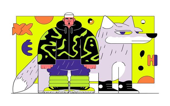 Man With Large Wolf in Geometric Abstract Composition vector