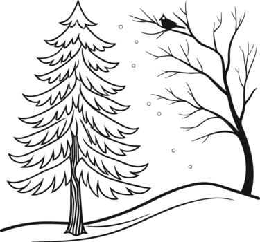 Stylized winter scene with evergreen tree, bare branches, and a bird vector