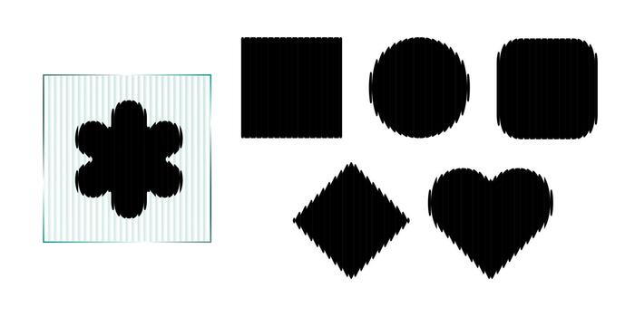 Abstract frost texture logo, ribbed glass overlay. Circle sleek heart, square diamond line, distorted shape. Glitch overlay wavy polycarbonate plate, futuristic aura on dark bg. Fractal stripe button vector