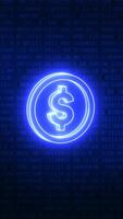 glühend Neon- Dollar Münze Über binär Code Hintergrund video