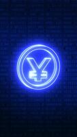 digital yen o yuan neón moneda pulsante en binario código antecedentes video