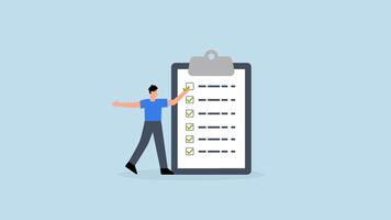 compleet controlelijst, 4k animatie van zakenman merken controleren Aan afgewerkt checklist Aan papier klembord. video