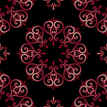 Magic seamless pattern of round elements. Lacy gradient red circles on black background. Complex lacy mandala of intertwined swirls. Geometry round ornament with hearts. vector