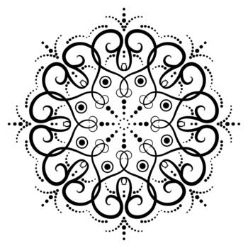 Monochrome fantasy element of curved lines and dots. Ornate lacy mandala of swirls. Black ethnic ornament on white background. Geometry round pattern with hearts vector