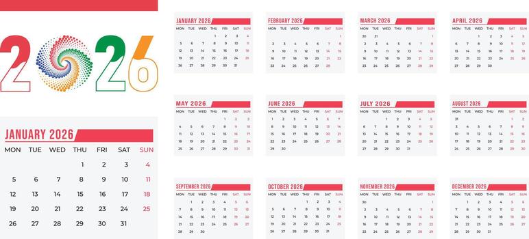 2026 new year monthly calendar clean minimal layout design, Week Starts on Sunday vector