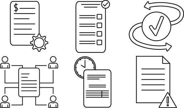 factura flujo de trabajo línea íconos presentando aprobación pasos, facturación tareas, documento alertas, y equipo coordinación vector