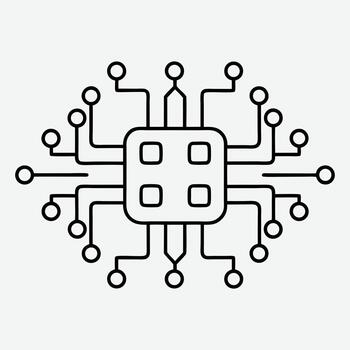 Stylized microchip with connecting circuitry and pins vector