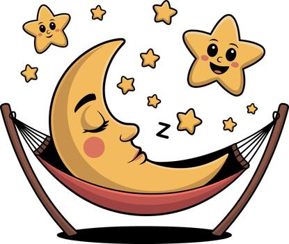 Sleeping crescent moon in hammock with smiling stars vector