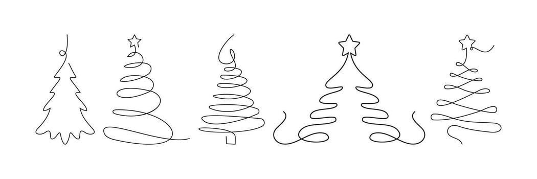 Minimalist holiday icons featuring elegant one-line Christmas ornaments and trees in a sleek continuous line design on a clean background. vector