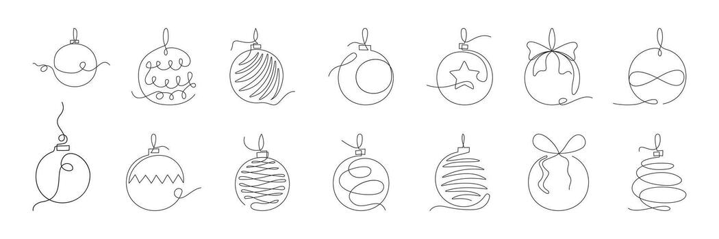 Minimalist Christmas ornaments and trees drawn with a single continuous line. Elegant, simple holiday icons in a clean, modern style. vector