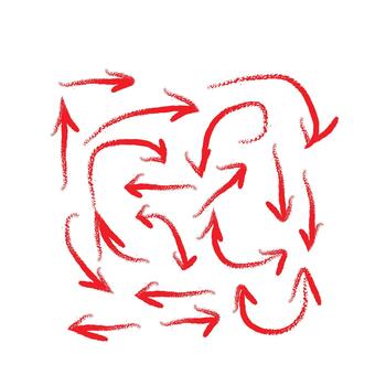 Dynamic red hand-drawn arrows scatter across a white background in various directions, creating an energetic, chaotic pattern that suggests motion, confusion, and flow. vector