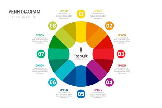 Venn diagram infographic chart 8 step template for business start up presentation. vector