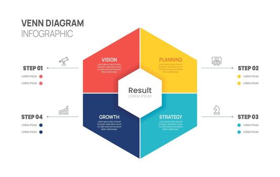 Venn diagram infographic chart management for business template 4 area steps, presentation. vector