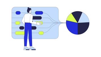 sorteren gegevens voor taart tabel visualisatie 2d animatie. interactief analyses. mannetje analist organiserende cirkeldiagram analyse geanimeerd karakter tekenfilm vlak concept metafoor 4k geïsoleerd Aan wit video