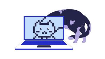 Cat digitization 2D animation. Analog to digital transformation. Funny digitalization. Pixel art kitty on laptop screen animated character cartoon flat concept metaphor 4K isolated on white video