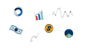 negocio y Finanzas datos 2d objetos garabatear animación. rosquilla tarta cuadro. línea grafico. dólar billete financiero gráfico de barras animado plano elementos aislado en blanco antecedentes. dibujos animados 4k dibujo video