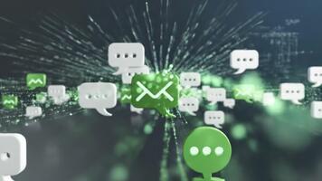 engagerande social media kommunikation ikoner flytande, modern meddelande leverans, global förbindelse, interaktiv kommunikation, dynamisk uppkopplad samspel video