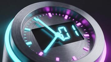 Sleek modern clock face with vibrant neon lights showing time passing in motion, a dynamic visual for time management and futuristic designs video