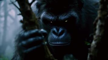 de cerca Disparo de un poderoso gorila mirando desde detrás árbol ramas en un brumoso selva, creando un dramático fauna silvestre atmósfera. video