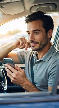 Young man sitting in a car using a smartphone. Driver checking navigation app or messages on mobile phone. 5G network and connectivity concept photo