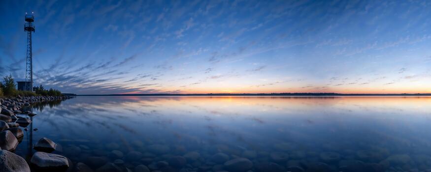 Communication tower landscape at sunset with lake reflection. Wireless 5G and 6G network technology infrastructure. Mobile internet data connection concept photo