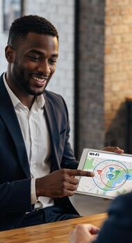 Black businessman showing Wi-Fi coverage map on a digital tablet. Smiling professional pointing at wireless network signal zones. African American man presenting internet connectivity plans photo
