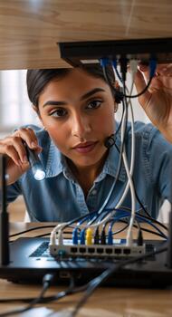 Female IT technician troubleshooting network router with flashlight. Young woman connecting ethernet cables to modem for high speed internet access photo