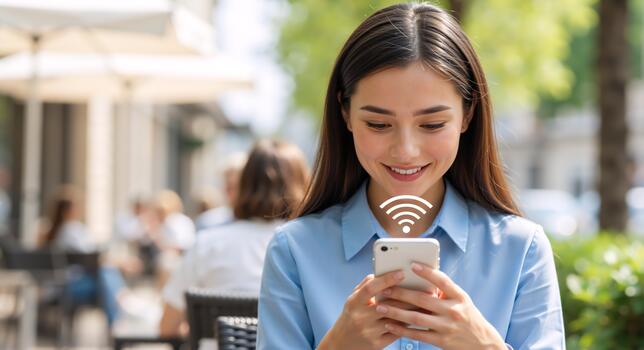 Smiling young woman using a smartphone with a wifi connection icon at an outdoor cafe. Modern wireless technology and 5G network concept for public internet access photo