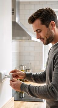 Man plugging a white smart plug into a wall socket in a modern kitchen. Home automation and internet of things technology for energy saving and efficiency photo