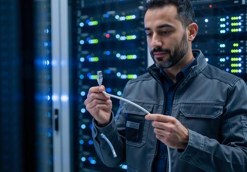 IT technician holding network cable in server room. Professional engineer connecting ethernet wire in data center. Cloud computing infrastructure concept photo