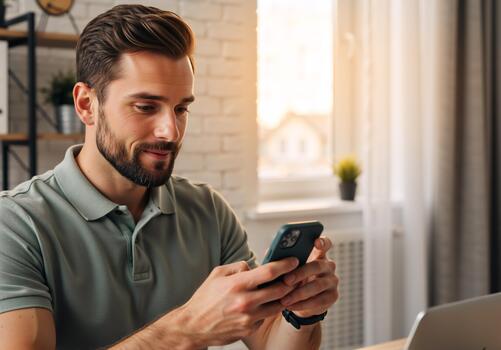 Smiling man using smartphone with 5G and 6G network technology. Young male texting on mobile phone in home office. Digital communication and IoT concept photo