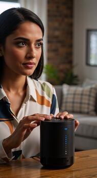 Woman interacting with a modern smart home device. Vertical photo of a user activating a futuristic wireless network router with AI. 5G and IoT connectivity concept