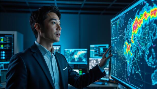 Asian businessman analyzing global data on a futuristic digital screen. Professional male interacting with a high-tech interface in a control room. Cybersecurity and network concept photo