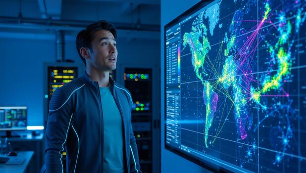 Asian man analyzing global data network on digital screen in server room. Futuristic technology concept with world map visualization photo