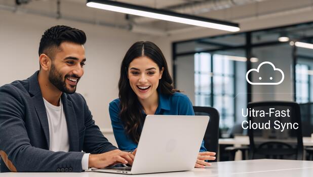 Happy business team using laptop in modern office with cloud sync graphic. Man and woman collaborating on computer with ultra-fast data transfer text overlay. Technology concept photo