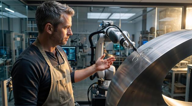 An engineer collaborates with a robotic arm on a metal sculpture in a modern workshop. Advanced manufacturing and automation technology concept photo