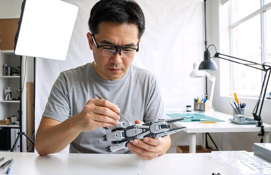 Asian man assembling a detailed plastic model kit with tweezers. Focused hobbyist building a robot or spaceship in a bright workshop. Precision and craftsmanship concept photo