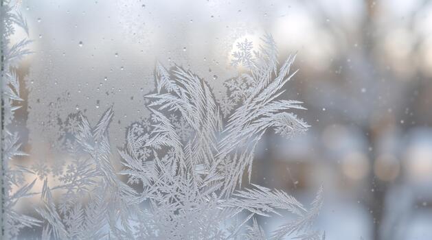 Macro shot of delicate frost patterns on a windowpane. Winter ice crystals forming fern-like shapes on glass. Abstract frozen texture background photo
