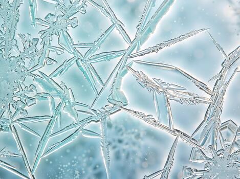 Intricate abstract crystalline geometry of ice crystals. Macro of delicate frost patterns. Cold winter background photo