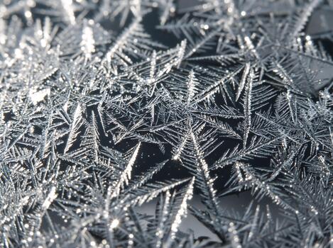 Macro close-up of intricate frost crystals on a dark background. Abstract winter ice texture pattern photo