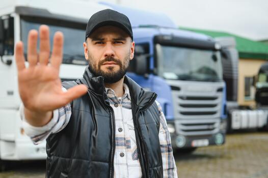 Trucker man showing stop gesture protesting transport logistics photo
