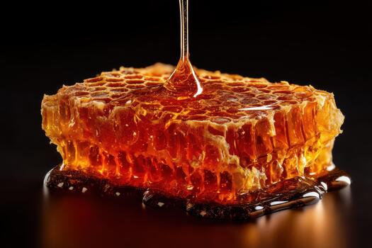 Golden honey drips from a hexagonal honeycomb, creating a glossy texture. Warm lighting highlights the rich amber tones, emphasizing the natural and sticky appearance of the honey photo