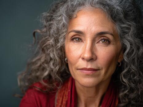 pelo rizado mujer miradas con confianza, sutil expresión, usa rojo chal. su plata chinos marco su rostro, transporte sabiduría y calor. suave Encendiendo mejora su sereno, pensativo comportamiento foto