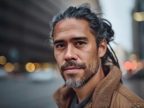 An individual with long hair and a beard wearing a brown jacket stands outdoors. The background is softly blurred, with circular lights in the distance, creating a bokeh effect photo