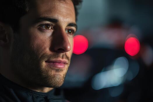 Young man with thoughtful expression looking to the side, illuminated by soft light, blurred background with red and blue bokeh lights, capturing a contemplative moment photo